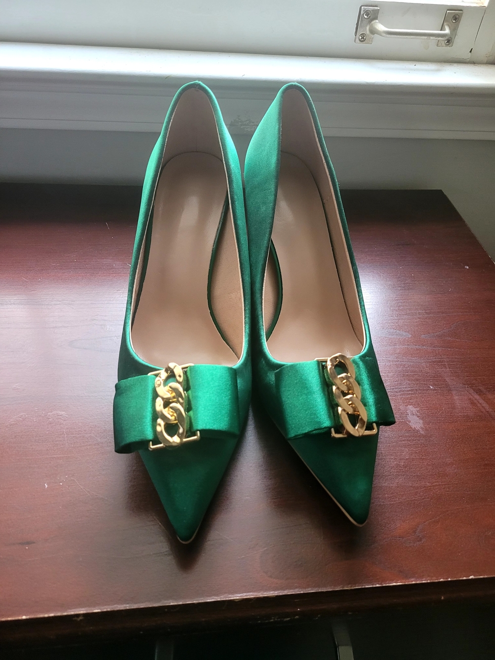Emerald Green Satin Pointed Toe Pumps with Gold Chain Accent